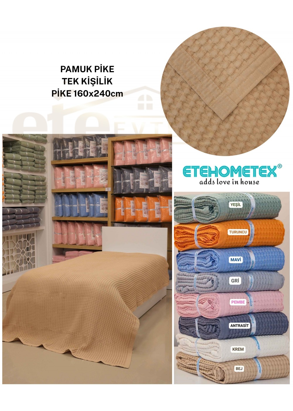ETEHOMETEX HAVUZLU PİKE TEK KİŞİLİK 160X240CM BEJ 8696474232077